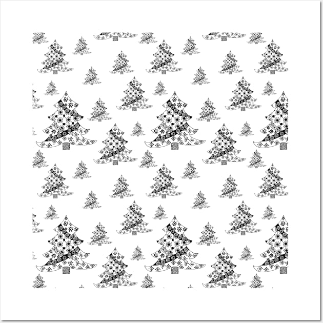 Black and White Christmas Tree Doodle Pattern Holiday Design Wall Art by OneL Design